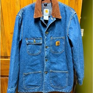 Vtg. CARHARTT Men's Distressed Denim Blue Chore Coat Jacket Blanket Lined